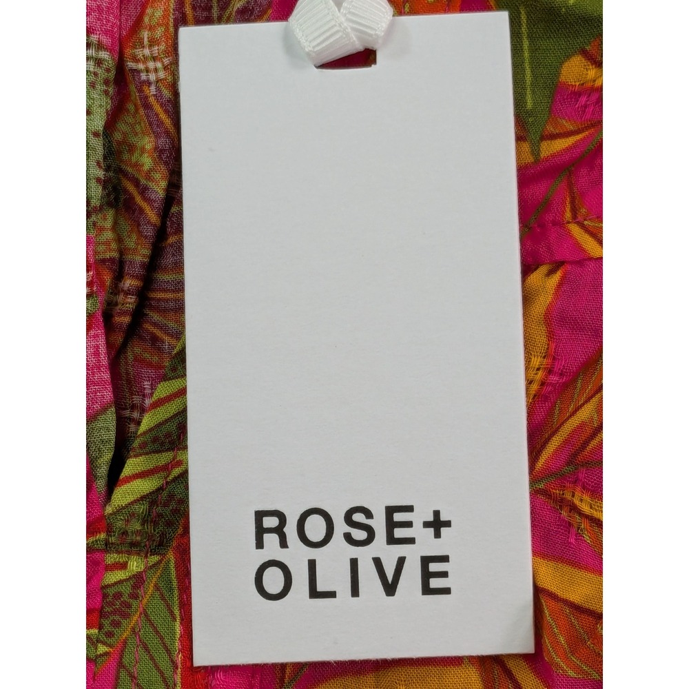 Rose + Olive Tropical Floral Flutter Sleeve Blouse Pink Green Rayon Medium NWT - Picture 10 of 11